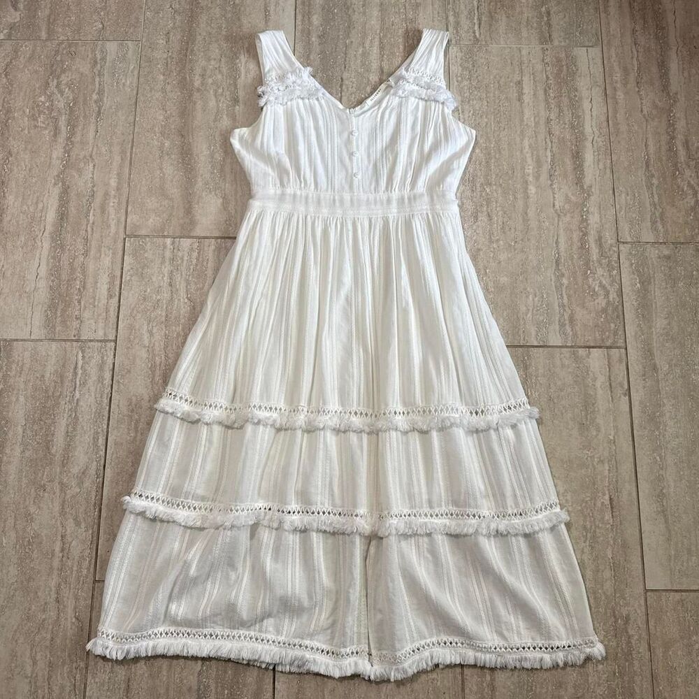 Ellison Sz L White Cotton Sleeveless Tiered VNeck Boho Maxi Dress fairy angelic - Picture 2 of 8